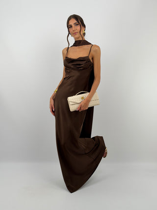 Abito Lungo Satin con Foulard Marrone