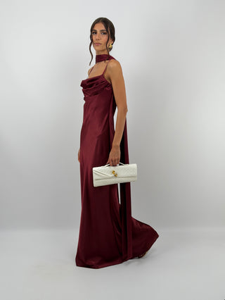 Abito Lungo Satin con Foulard Bordeaux