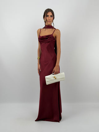 Abito Lungo Satin con Foulard Bordeaux