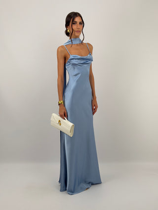 Abito Lungo Satin con Foulard Azzurro Polvere