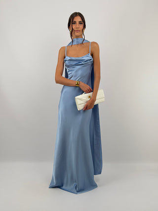Abito Lungo Satin con Foulard Azzurro Polvere