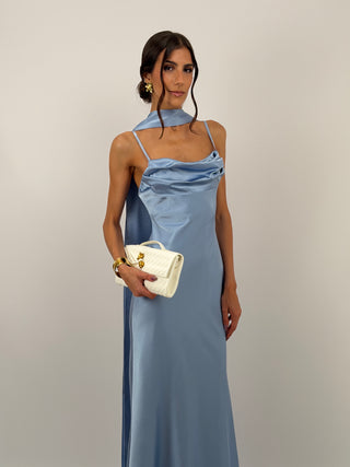 Abito Lungo Satin con Foulard Azzurro Polvere