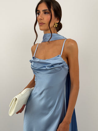 Abito Lungo Satin con Foulard Azzurro Polvere