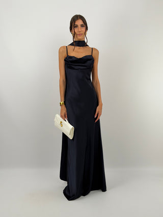 Abito Lungo Satin con Foulard Blu