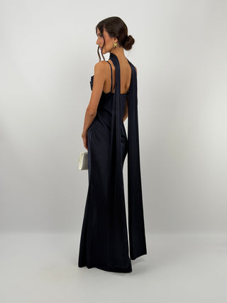 Abito Lungo Satin con Foulard Blu