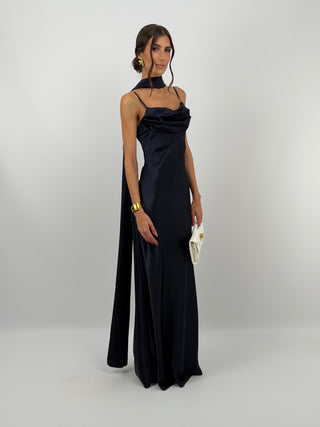 Abito Lungo Satin con Foulard Blu