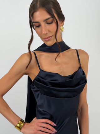 Abito Lungo Satin con Foulard Blu