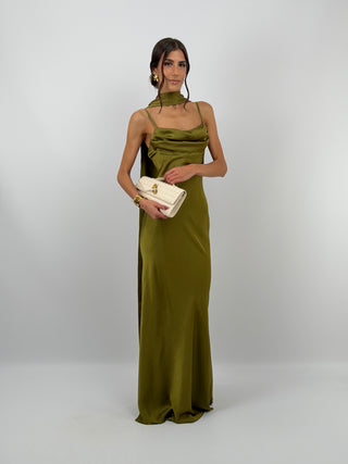 Abito Lungo Satin con Foulard Verde Olio