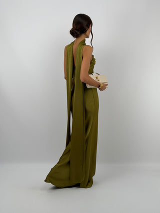 Abito Lungo Satin con Foulard Verde Olio