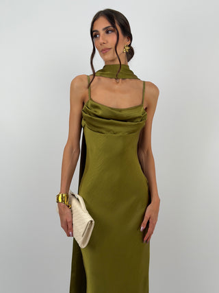 Abito Lungo Satin con Foulard Verde Olio