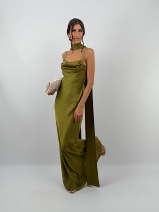 Abito Lungo Satin con Foulard Verde Olio
