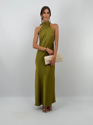 Abito Lungo Halter Verde Olio