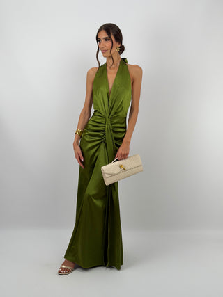 Abito Lungo Scollo a V con Drappeggio Verde Oliva