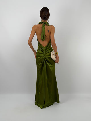 Abito Lungo Scollo a V con Drappeggio Verde Oliva