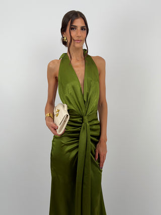 Abito Lungo Scollo a V con Drappeggio Verde Oliva