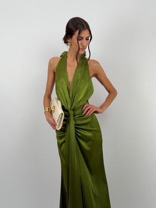 Abito Lungo Scollo a V con Drappeggio Verde Oliva