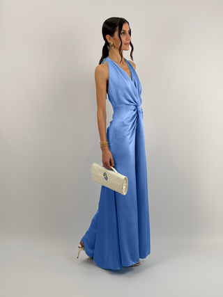 Abito Lungo Scollo a V con Drappeggio Azzurro Polvere