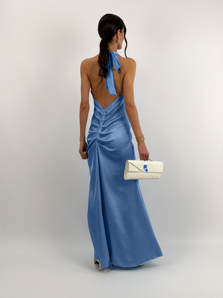 Abito Lungo Scollo a V con Drappeggio Azzurro Polvere