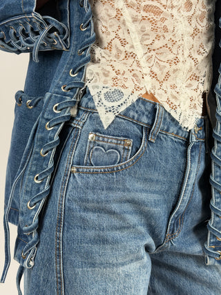 Jeans Barrel Lavaggio Scuro con Cuore