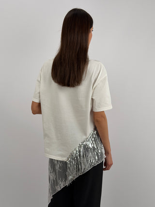 T-Shirt Lumina Bianca con Frange Paillettes