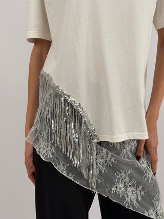 T-Shirt Lumina Bianca con Frange Paillettes