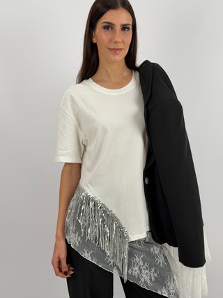 T-Shirt Lumina Bianca con Frange Paillettes