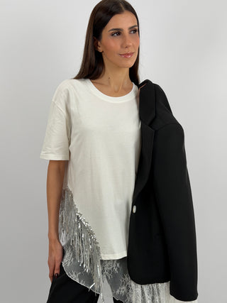 T-Shirt Lumina Bianca con Frange Paillettes