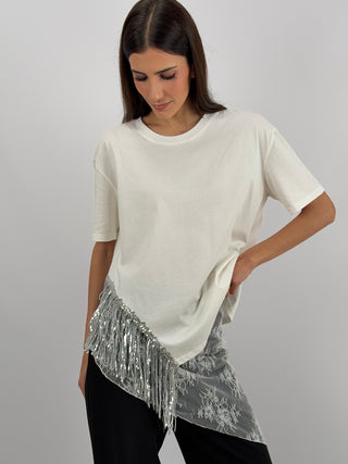T-Shirt Lumina Bianca con Frange Paillettes