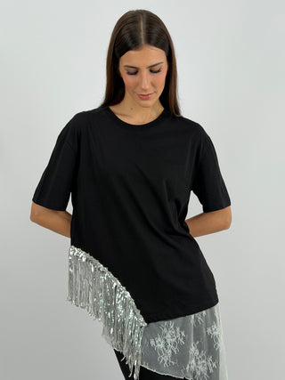 T-Shirt Lumina Nera con Frange Paillettes