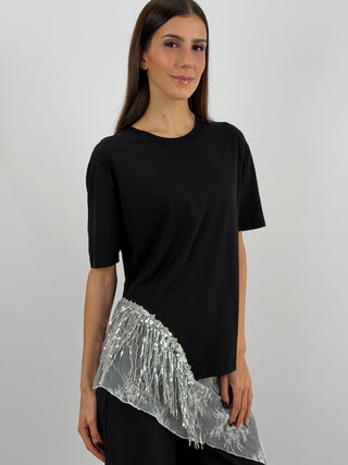 T-Shirt Lumina Nera con Frange Paillettes