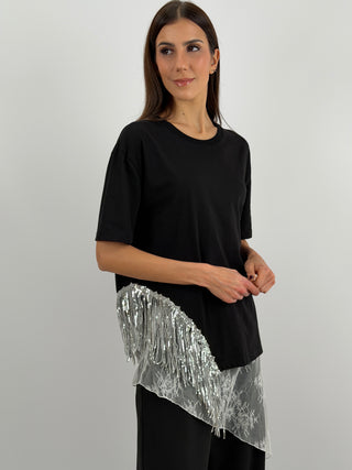 T-Shirt Lumina Nera con Frange Paillettes