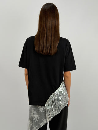 T-Shirt Lumina Nera con Frange Paillettes