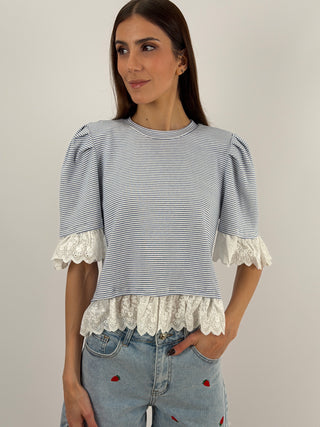 T-Shirt a Righe con Pizzo