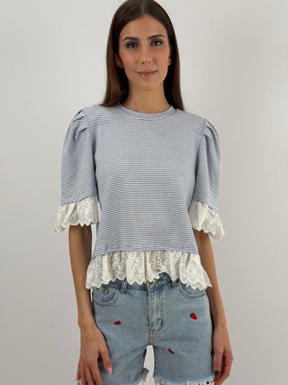 T-Shirt a Righe con Pizzo