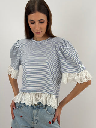 T-Shirt a Righe con Pizzo