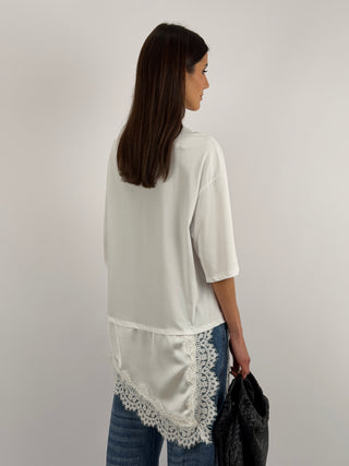 T-Shirt Bianca Asimmetrica con Pizzo
