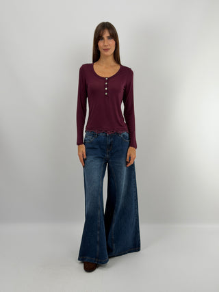 Burgundy Ultralight Cashmere Sweater with Buttons and Lace