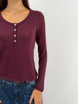 Burgundy Ultralight Cashmere Sweater with Buttons and Lace