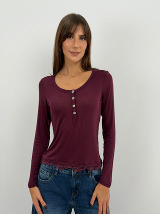Burgundy Ultralight Cashmere Sweater with Buttons and Lace
