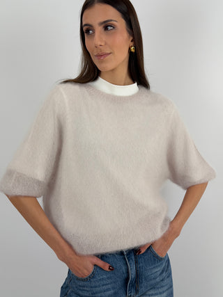 Maglia Kid Mohair Ultrafine a Manica Corta Cipria