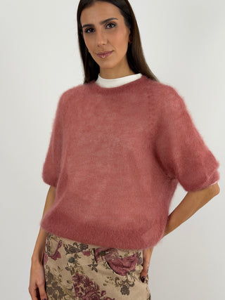 Maglia Kid Mohair Ultrafine a Manica Corta Pepe Rosa