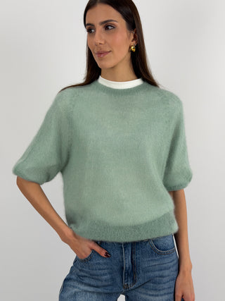 Maglia Kid Mohair Ultrafine a Manica Corta Verde Salvia