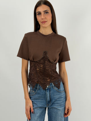 T-Shirt con Corsetto Marrone
