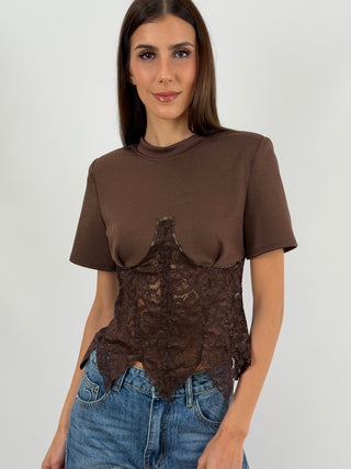 T-Shirt con Corsetto Marrone