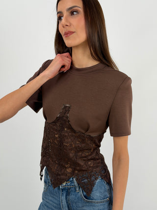 T-Shirt con Corsetto Marrone