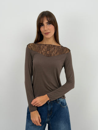 Pull Ultra-Léger avec Cachemire et Dentelle Marron