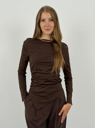 Maglia Asimmetrica con Arricciature Marrone