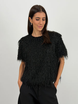 Maglia con Piume a Manica Corta Nera