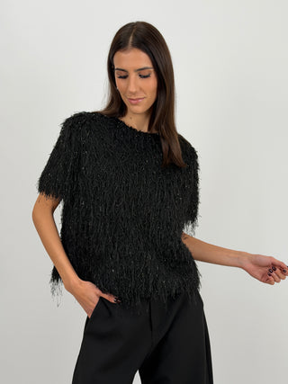 Maglia con Piume a Manica Corta Nera