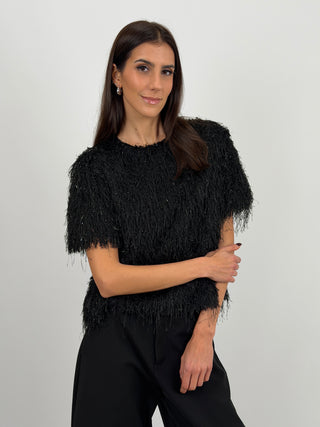 Maglia con Piume a Manica Corta Nera